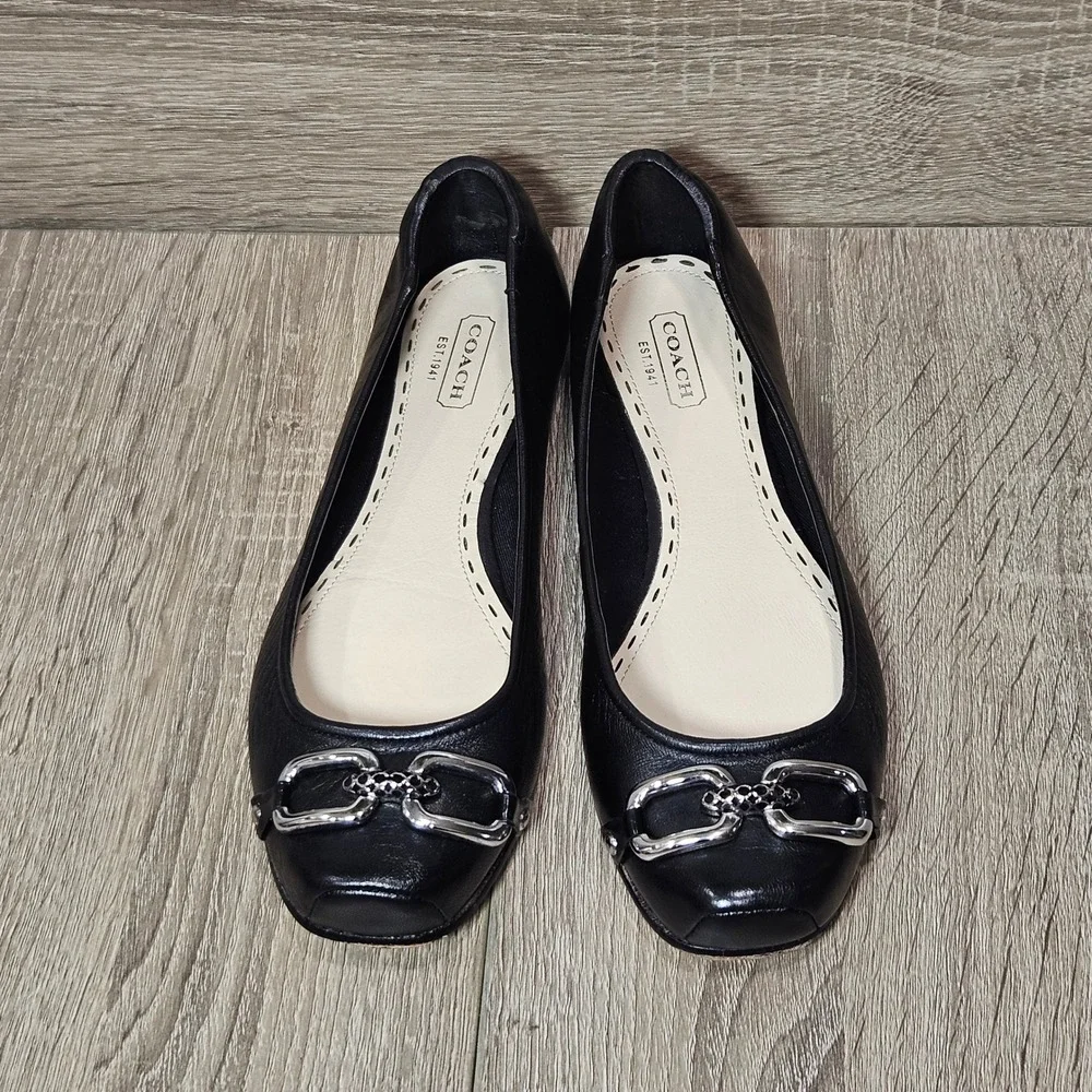 Coach Black Leather Square Toe Ballet Flats Silver Chain Link Buckle Detail 7.5B